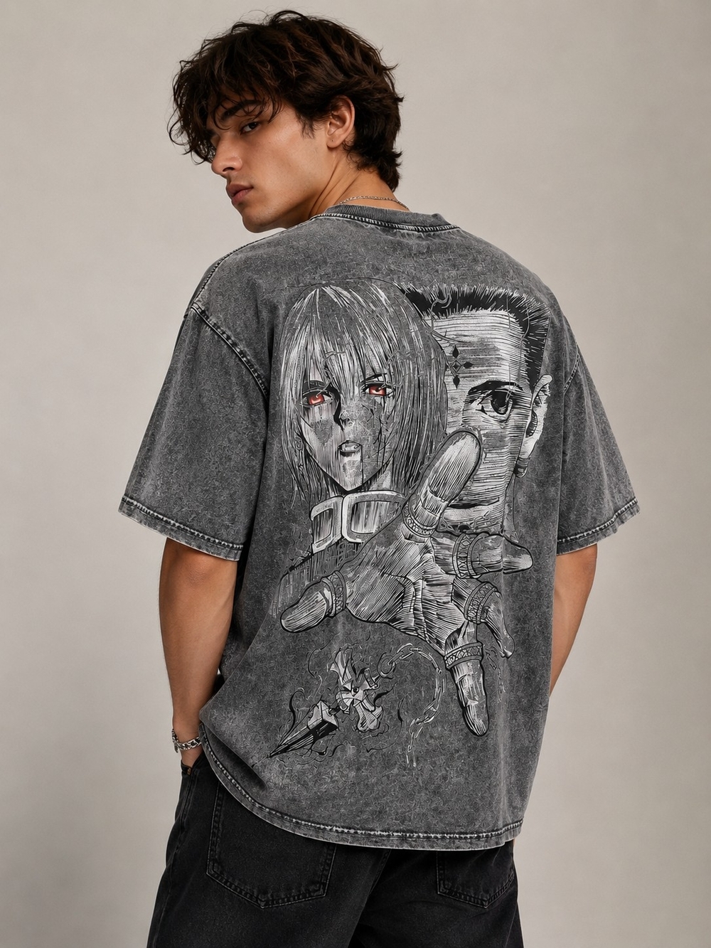 Anime Manga Graphic Acid Wash Heavyweight Oversized T-Shirt Gray Large